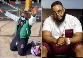 Whitemoney goes on his knees to thank God after flying outside Nigeria for the first time in his life (video)